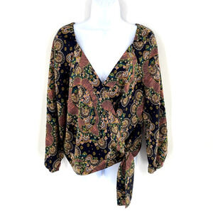 J.Crew Point Sur Womens Paisley Satin Wrap Blouse V-Neck‎ Multicolor Sz M
